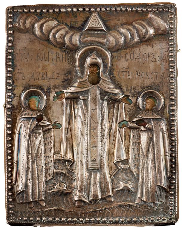 A Russian early 19th century silver icon of the saint Theodor with his sons David and Constantin, Moscow 1806.