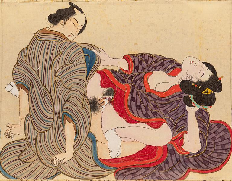 A makimono shunga scroll, ink and color on silk, Meiji (1868-1912).