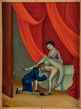 A Chinese reverse glass 'Erotic' painting, double sided, Chinese School, Qing dynasty, circa 1800.