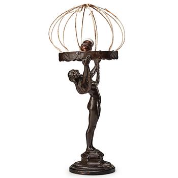 Alfred Ohlson, an Art Nouveau patinated bronze table lamp, Herman Bergman, Stockholm, 1910-20's.