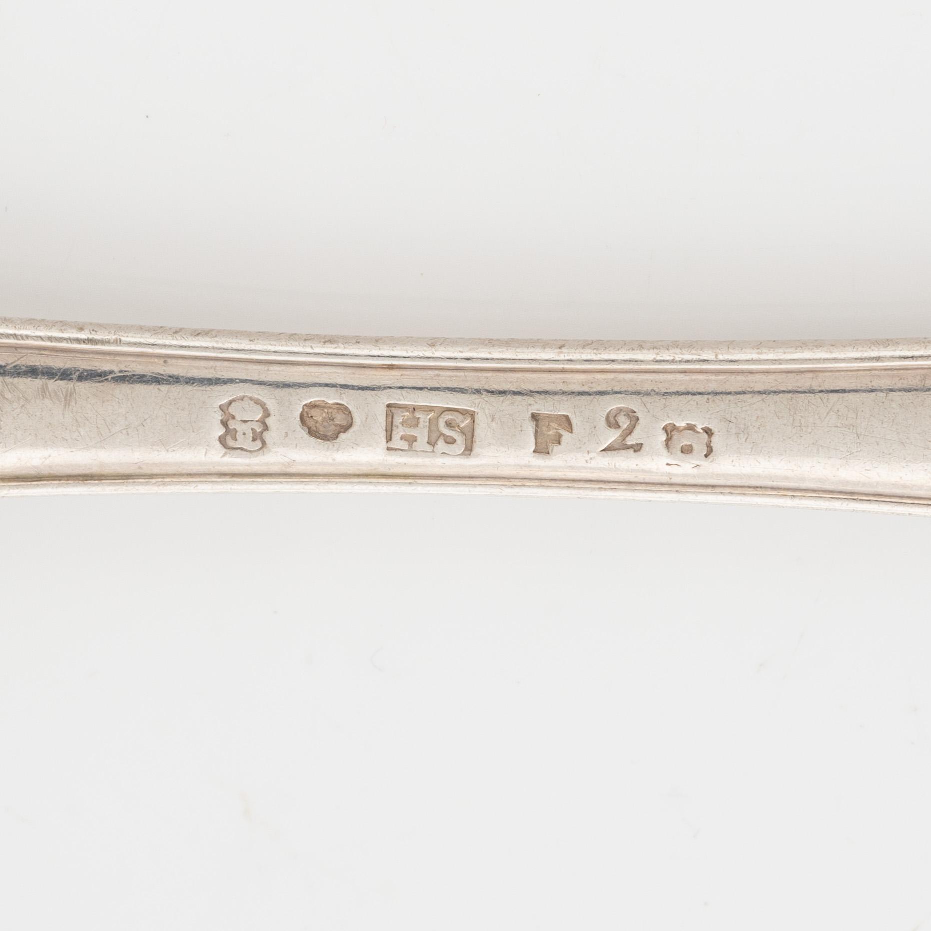 Six Swedish 18th century silver spoons, marks of Johan Henrik Schvart, Karlskrona 1788.