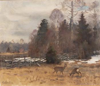 Lindorm Liljefors, Roe deer in a spring winter landscape.