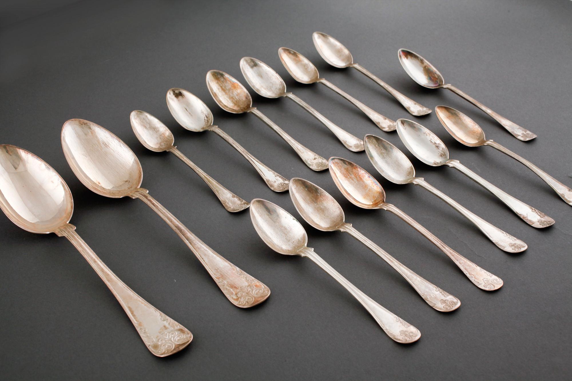 A silver set of table ware, 27 pcs, 19th and 20th century.