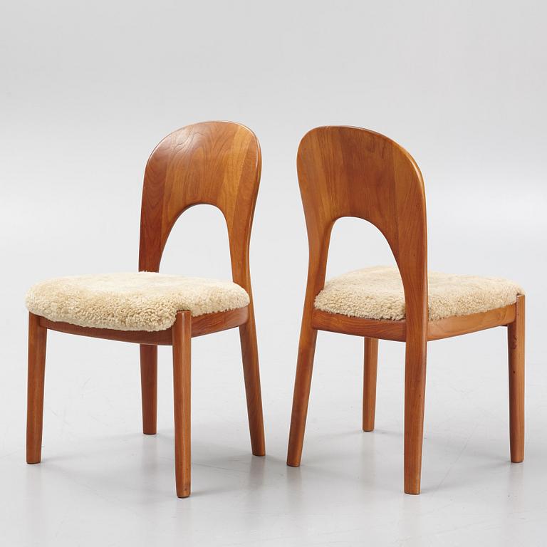 Niels Koefoed, six teak dining chairs upholstered in new sheep skin, Denmark, 1960's.