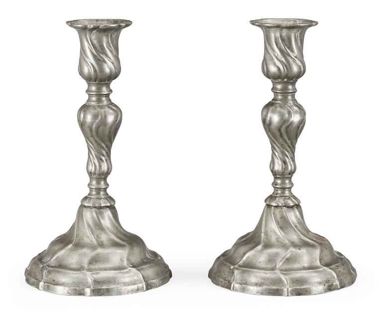 A pair of Rococo pewter candlesticks by Gudmund Östling (1762-1790).