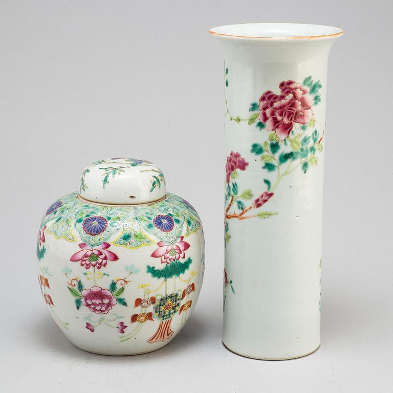 A famille rose trumpet vase, a jar with cover, Qing dynasty, 18th century.