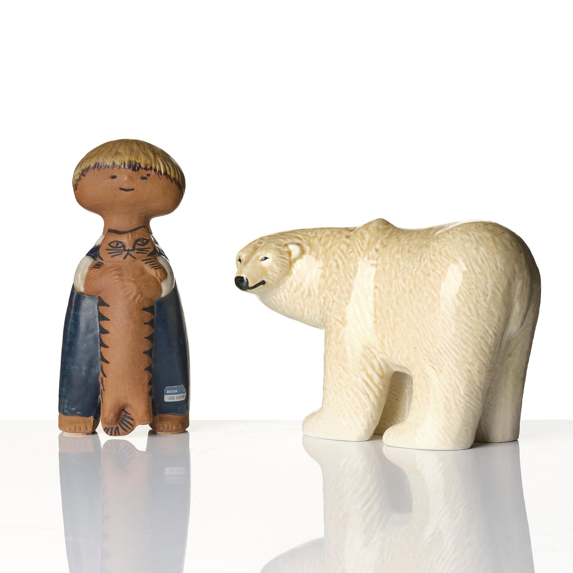 Lisa Larson, figurines 2 pcs, stoneware, polar bear from the Skansen series, and Pelle from Larson's children.