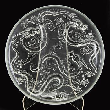 A unmarked Bohemian glass dish with a five clawed dragon, 20th Century.