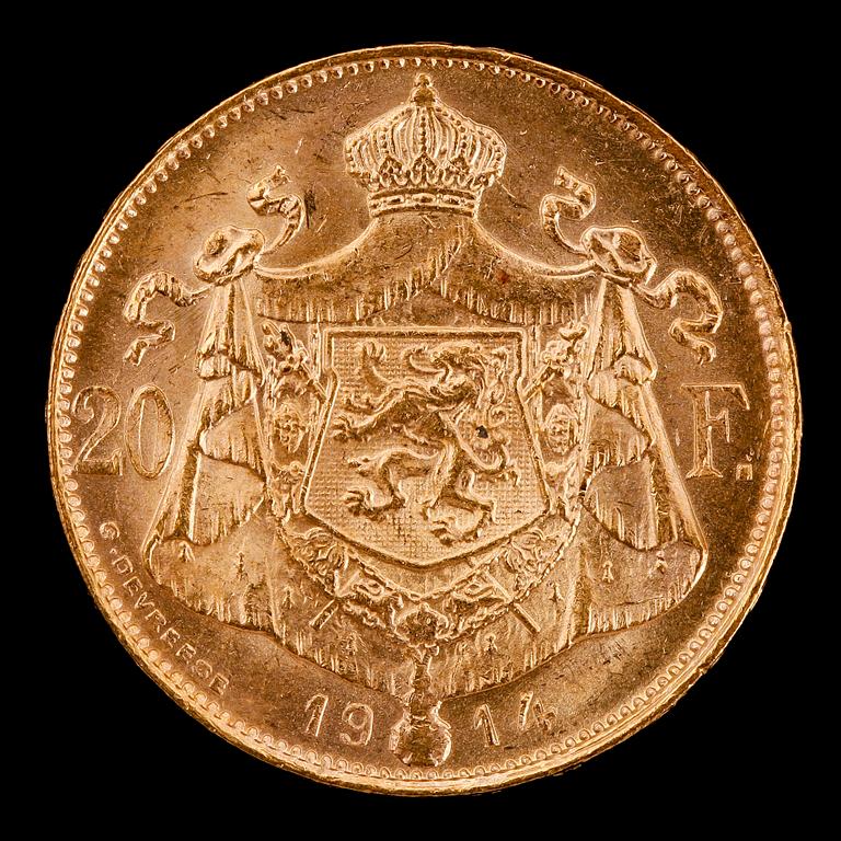 GULDMYNT, 20 fr, Albert, Belgien, 1914. Vikt ca 6 g.