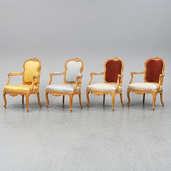 KARMSTOLAR fyra stycken. 1700-tal, Rokoko.