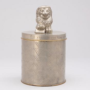 An Anna Petrus pewter and brass lidded jar, Svenskt Tenn, Stockholm 1928.