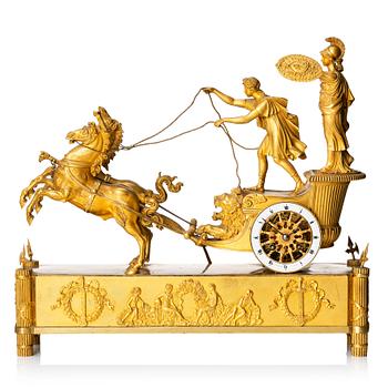 129. A French Empire early 19th century gilt bronze mantel clock, marked J Langlois à Paris.