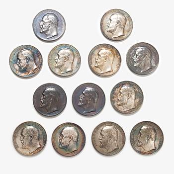 Thirteen silver medals, Kungliga Myntverket, Sweden, circa 1906.