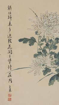 Unidentified artist, 'Butterflies and chrysanthemum with a scholars rock', signed 'Zizhen', late 19th cent/around 1900.