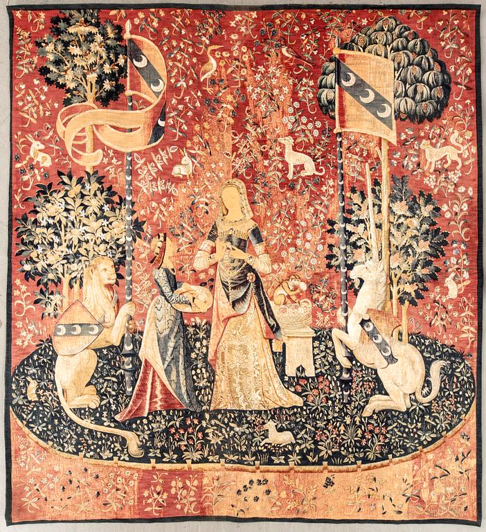 Tapet ""La Dame à la licorne". Efter original i Musée de Cluny, Paris, Edition d'art de Rambouillet ca 222x199 cm.