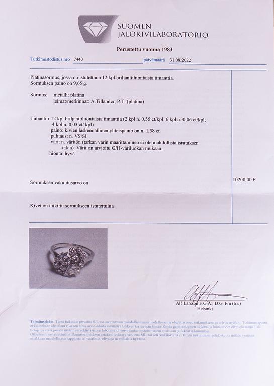 A TIllander, A platinum ring woth diamonds ca. 1.58 ct in total. Helsinki ,id 20th-century.