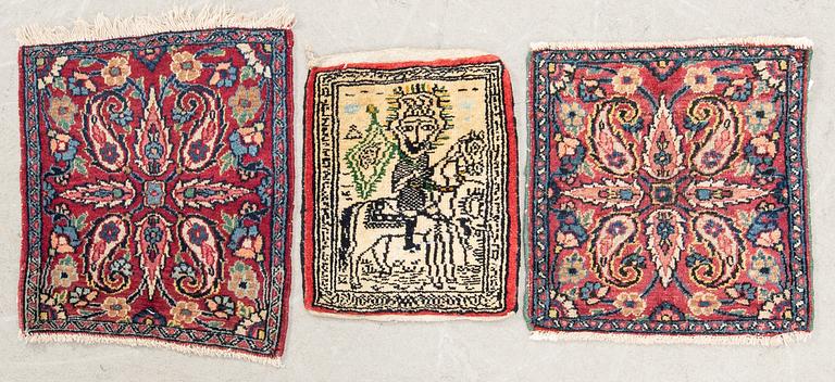 Mattor 3 st Shiraz (väskframsida?), Birjand semiantika ca 37x30 cm, 46x40 cm och 38x36 cm.