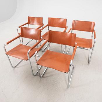 A set of five Italien chrome and leather armchairs alter part of the 20th century.