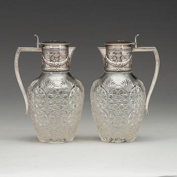 A pair of Fabergé jugs, glass and silver, Moscow 1899-1908, scratched inventori number 20116.