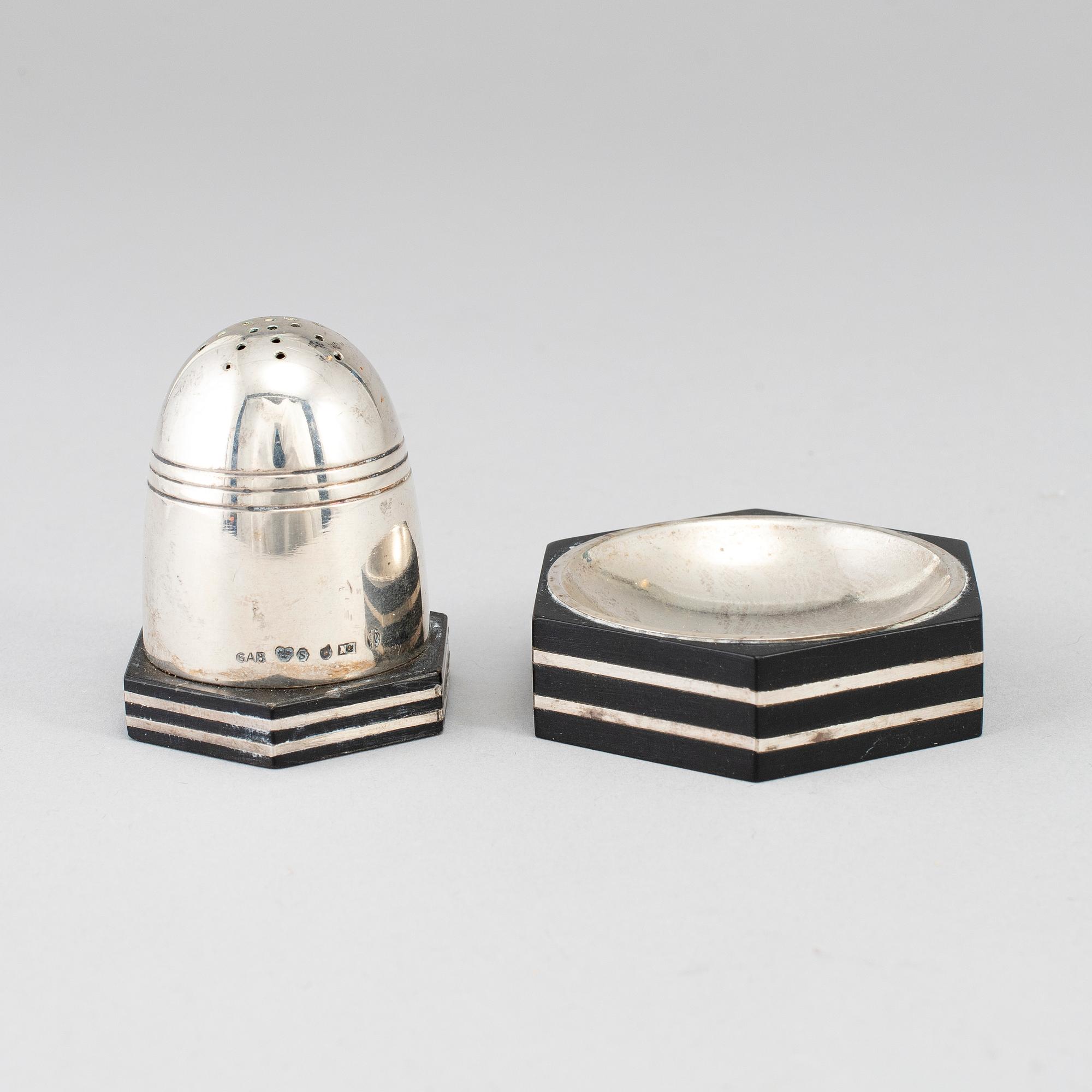 ERIC PIHLGREN, two saltcellars, art déco, silver and bakelite, 1930s.