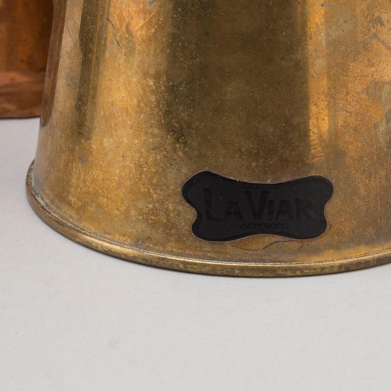 Eight 19th and 20th century copper and brass watering cans.