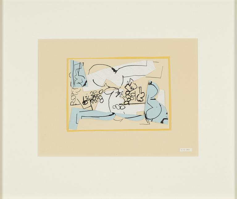 Elis Eriksson, collage, signed E E and dated 1963 with type writer.