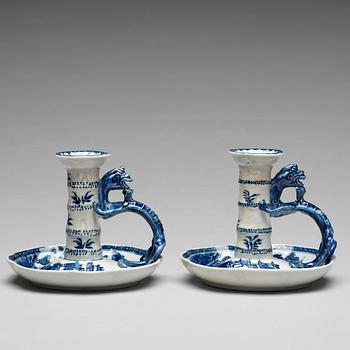 954. A pair of blue and white candle sticks, Qing dynasty, Qianlong (1736-95).