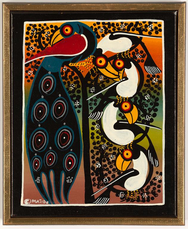 Okänd konstnär, olja på duk, Tingatinga-måleri, signerad Majidu, 1970/80-tal.
