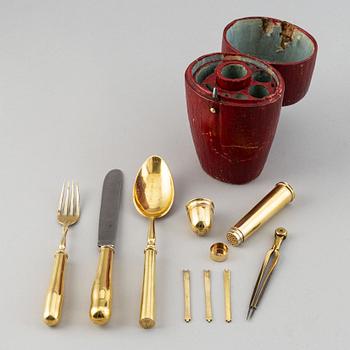 A seven piece set of silver-gilt travel-cutlery and box, unidentified makers mark, possibly Germany 18th century.