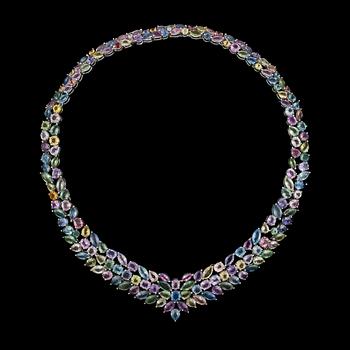 A multi coloured sapphire app. tot. 110 cts necklace. Link to adjust length included.