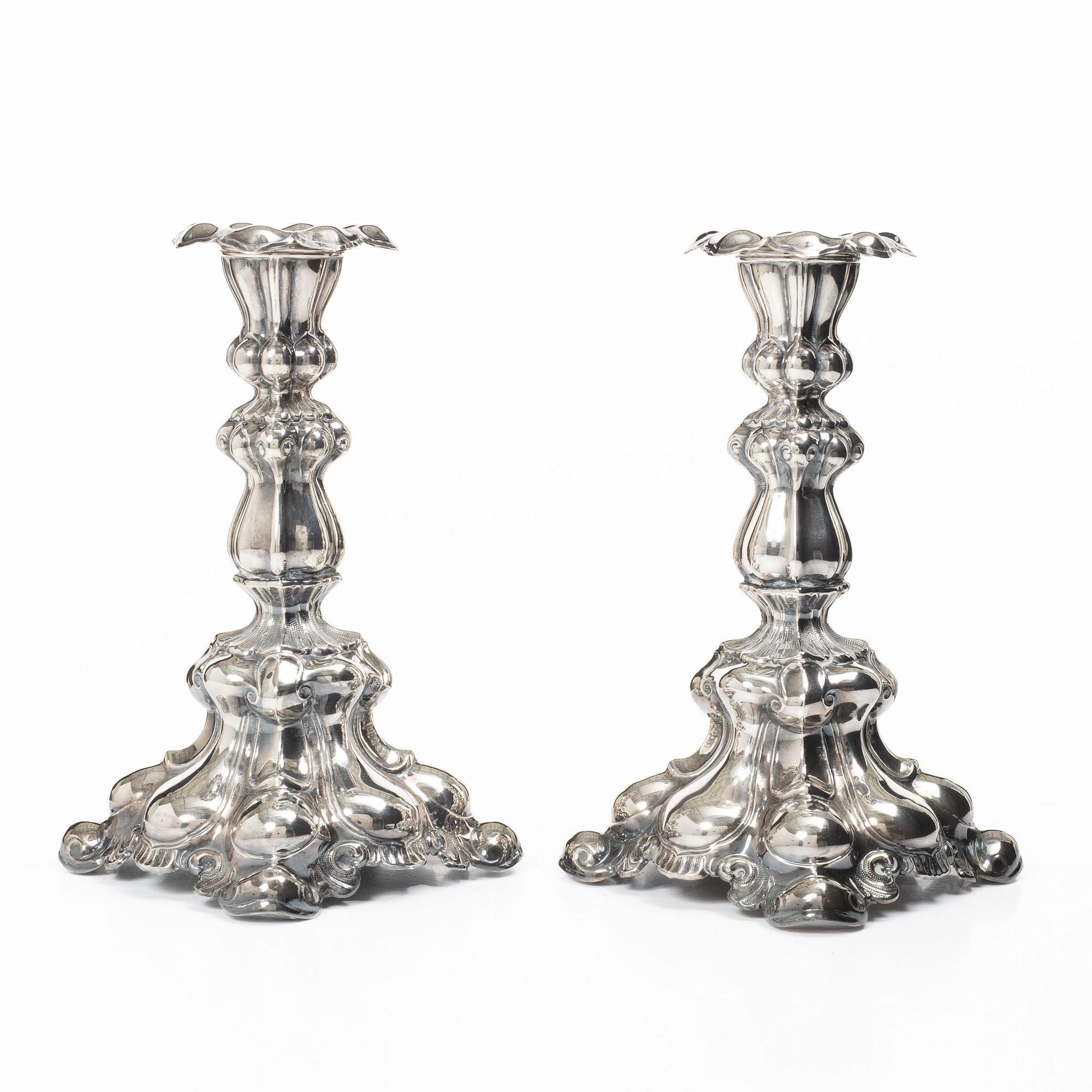 Candlesticks, a pair, Baroque style, silver, CG Hallberg, Stockholm, 1939.