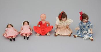 PARTI DOCKOR, 7st, celluloid samt porslin, bl.a. AM 390, Tyskland. 1900-talets första hälft / mitt.
