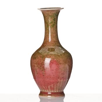 A peach-bloom vase and brushpot, Qing dynasty with Kangxi mark, the brushpot later.