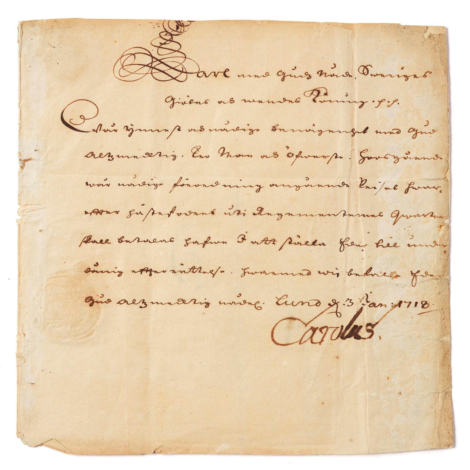 Karl XII, handwritten letter presumably to Colonel Henrik Falkenberg of Bålby, dated Lund 3 Jan 1718.