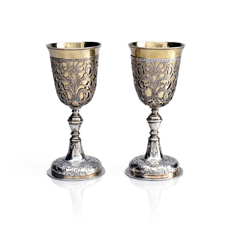 A pair of parcel-gilt silver chalks, mark of Andrei Gerasimov and Alderman Fyodor Petrov, Moscow 1759.