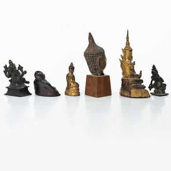 A group of six bronze figures of Buddha, Thailand and India. 18/20th century.