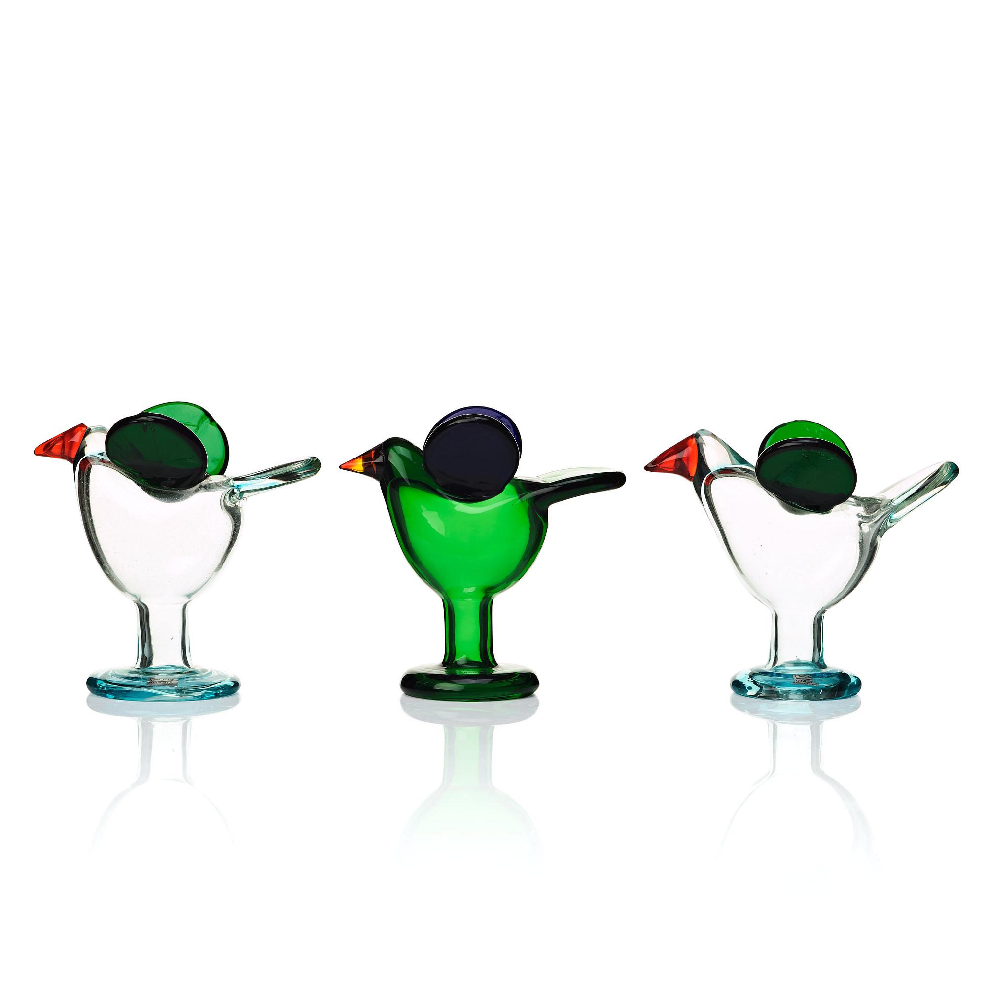 Oiva Toikka, skulpturer, 3 st "Sieppo / Flugsnappare", Nuutajärvi Notsjö, Finland.