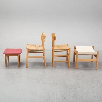 Børge Mogensen, 2 beech chairs + 2 stools, Fredericia Denmark and Karl Anderssons Sweden.