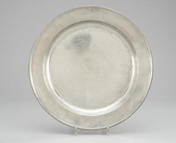 265. A pewter plate, makers mark by Peter Karm, Hudiksvall (1756-1758).