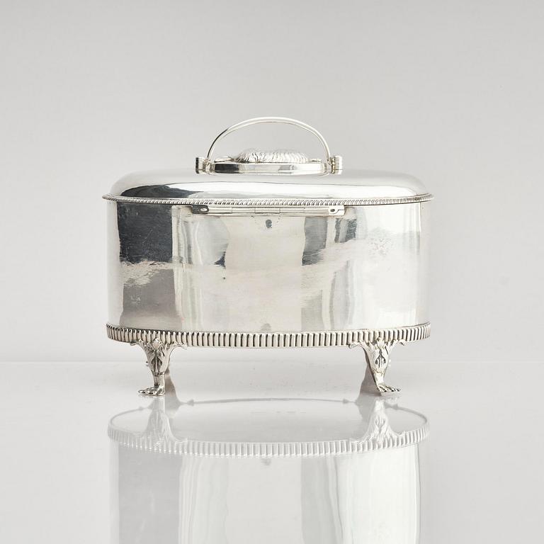 A Swedish 19th century silver sugar-casket and tong, marks of Adolf Zethelius, Stockholm 1819.