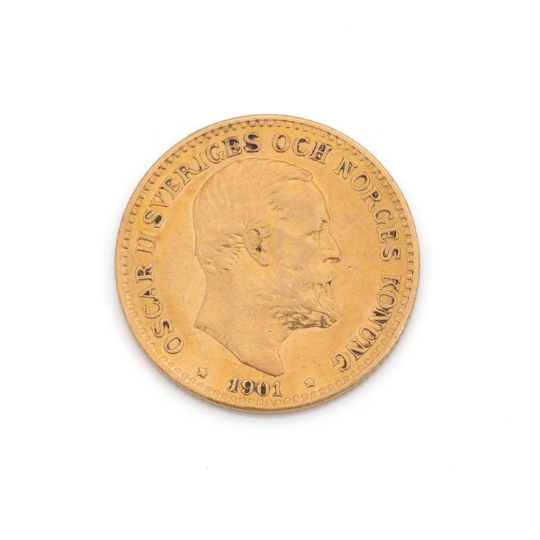 GULDMYNT, Oscar II, guld, 1901. Vikt ca 5 gram.
