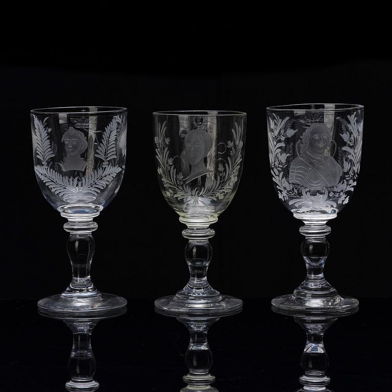 A set of three commemorative Russian glasses, late 19th century.