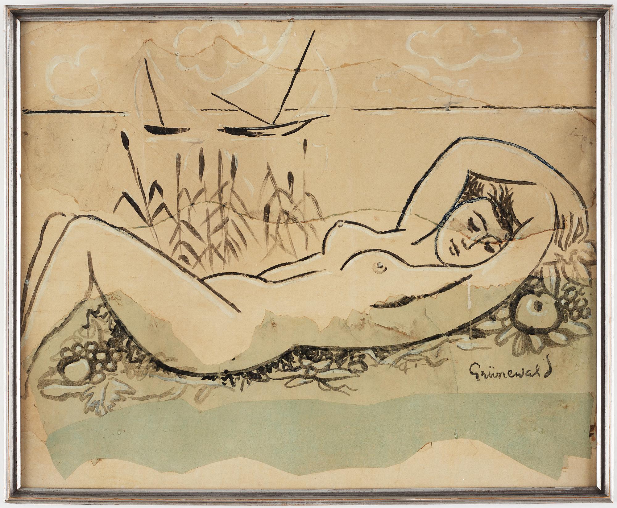 ISAAC GRÜNEWALD, mixed media, signed Grünewald. "Landskap med liggande kvinna".