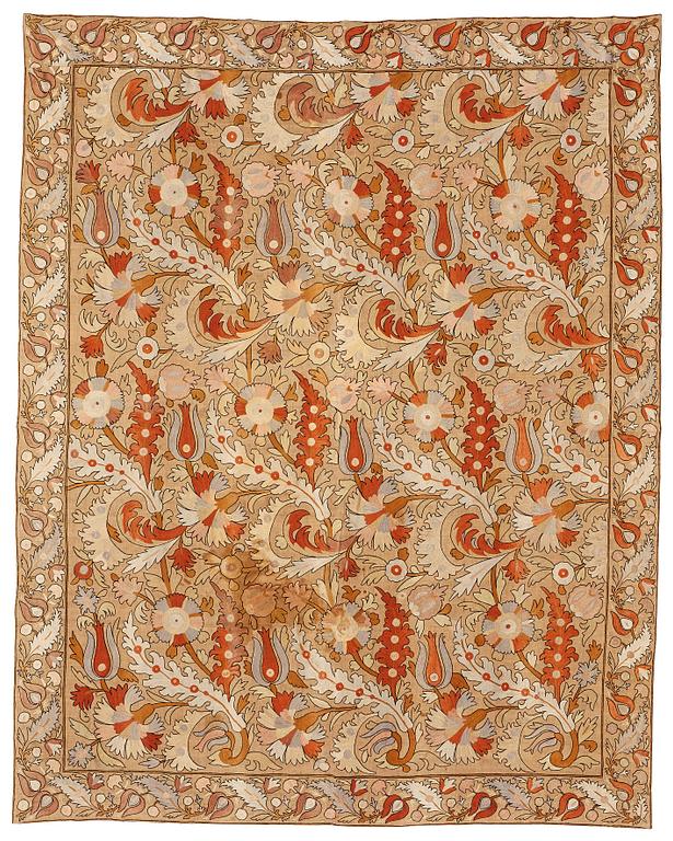 Broderi, sannolikt antik Uzbekistan suzani, ca 226,5-230,5 x 180-182 cm.
