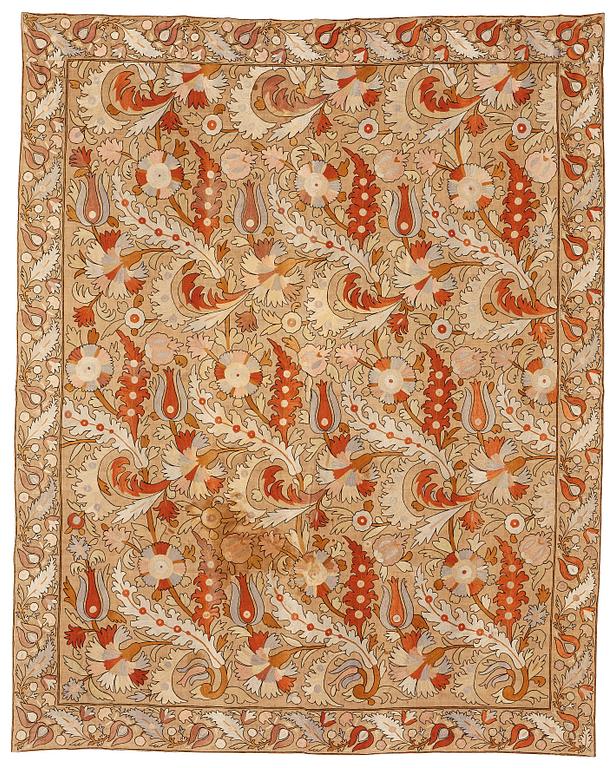 An embroidery, probably an antique Uzbekistan suzani, ca 226,5-230,5 x 180-182 cm.