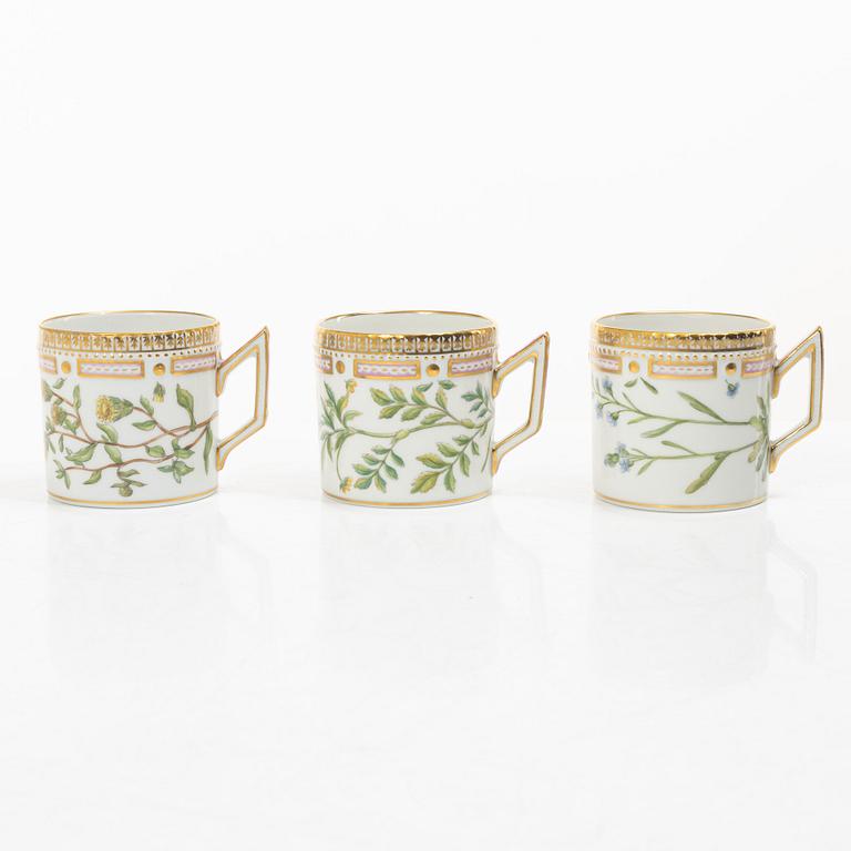 Royal Copenhagen, seven mocka cups with saucers, 'Flora Danica', Denmark.