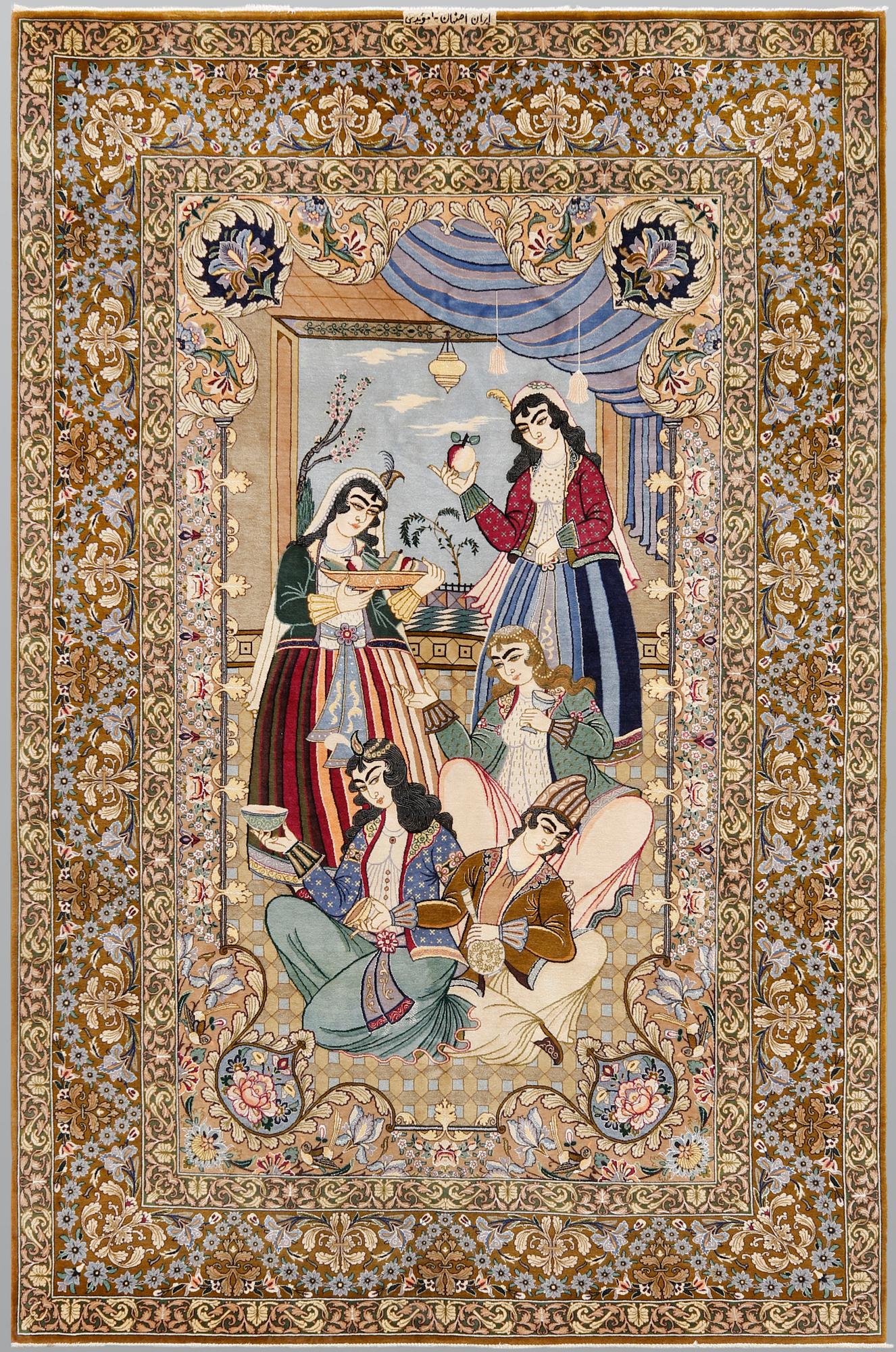 A pictoral part silk, Esfahan rug, signerad, 240 x 158 cm.