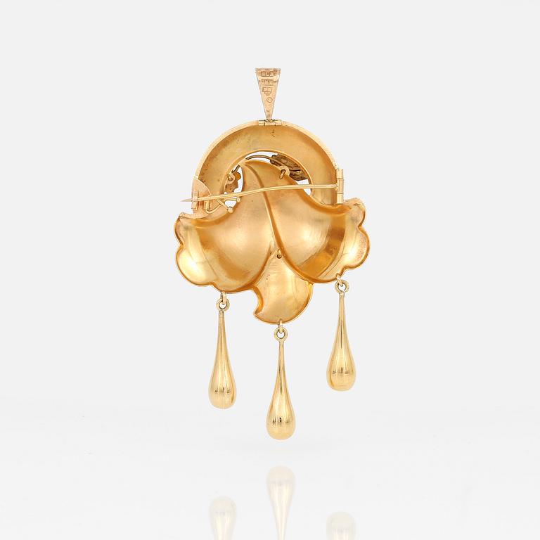 HÄNGE/BROSCH, 18K guld, otydliga stämplar, Stockholm, 1900-talets första hälft. Vikt ca 7g.