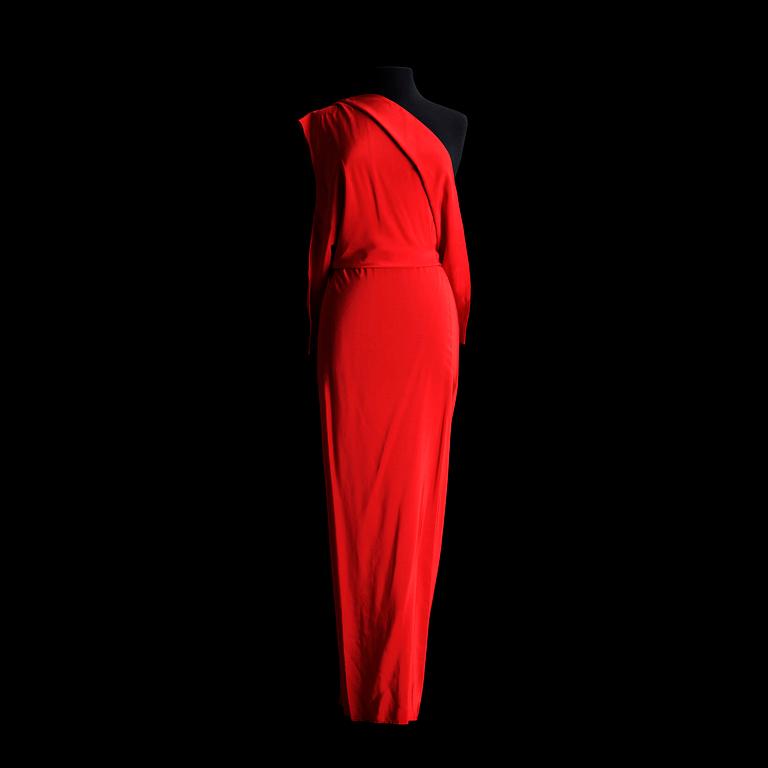 A 1970s red silk long dress by Lavin.