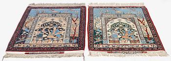 Mattor, ett par, figurala, Isfahan, centrala Persien, signerade (Mohammad) Seirafian, ca 120 x 77 resp 114 x 74 cm.